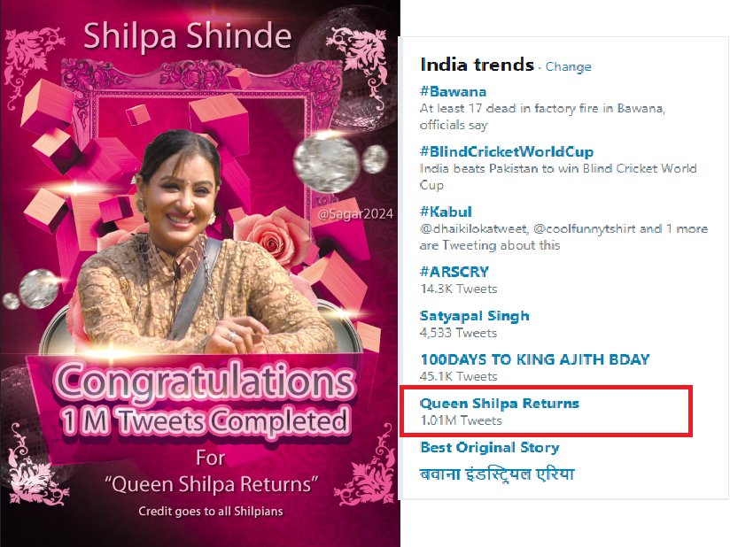 _gauravxx's tweet photo. Queen Shilpa Returns trending with 1m+ tweets now ! 

Many congratulations to everyone ! https://t.co/oLm8k5EXzO