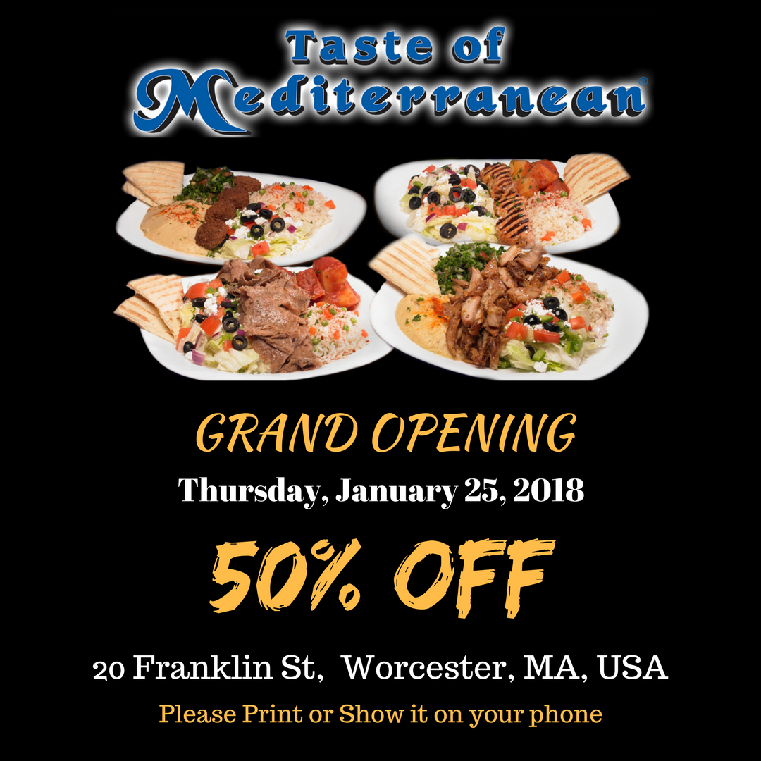 TasteofMed's tweet photo. Taste of Mediterranean 50% OFF - #grandopening #discount #Worcester #USA #yummy #food #foodie #Greek #lebanese #Mediterranean #restaurant #yummy #delicious                     @telegramdotcom  @worcester_uni   @TweetWorcester https://t.co/tXFCR8KsBw