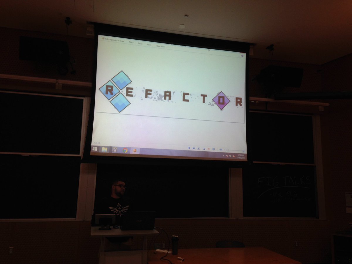 shae_rossi's tweet photo. Listening to @Qualiitybeats talk about their game Refactor and about flipping a genre. #gamedev #FIGTalks @BostonFIG https://t.co/OQCXdyiCZ4
