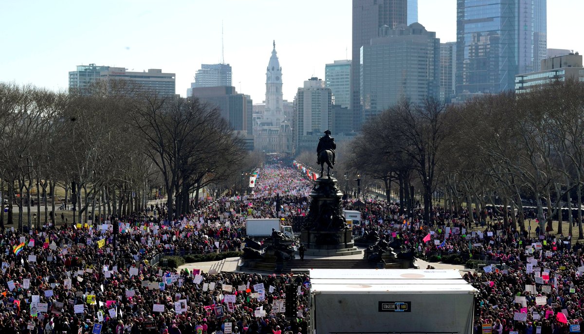 Thousands of people take to the streets for #WomensMarch2018 in New York City, Washington D.C., and Philadelphia.