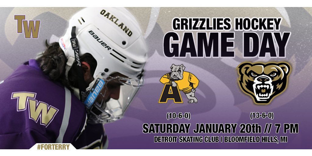 OU_DIII_Hockey's tweet photo. GAMEDAY! Oakland hosts Adrian College. 7pm.

Tonight we honor Terry Watson and what he meant to the team, the arena, and the local community. 

Special jerseys with a “TW” patch will be worn &amp; auctioned with all proceeds going to the Hospice of Michigan in his name. 

🐻💟 https://t.co/nLr5BKOeEf