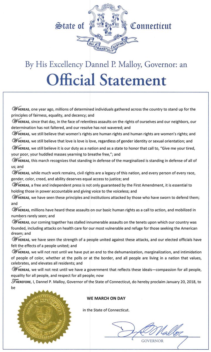 .<a href="/GovMalloyOffice/">Governor Dan Malloy (Archived)</a> has proclaimed today We March On day!!! #WomensMarch2018 #WMCT2018 #WeMarchOn