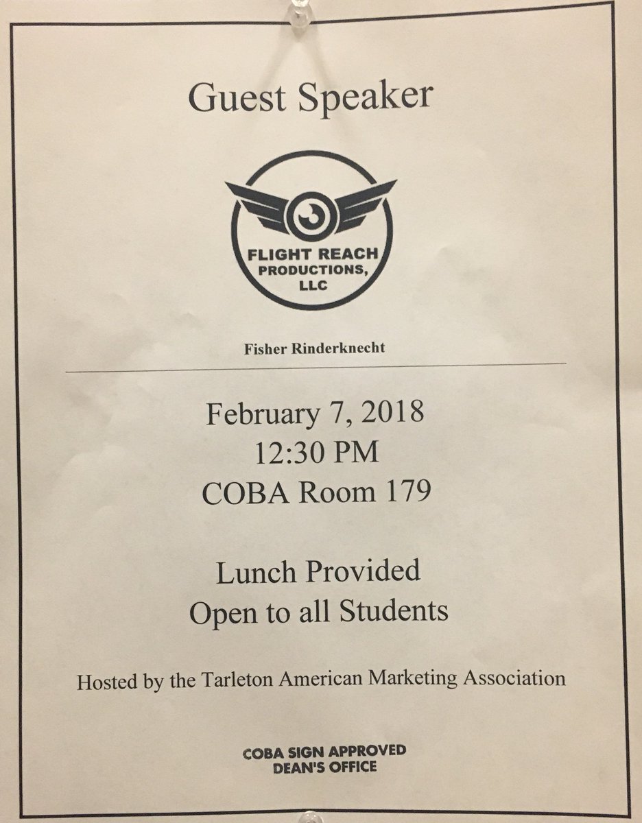 AMA_Tarleton's tweet image. Flight Reach Productions will be speaking at our very first meeting of the semester on Wednesday February 7th in the COBA building room 179 at 12:30! Lunch will be provided as well! #AMA #marketing #tarletonstate #businessmarketing #flightreachproductions #gotexans