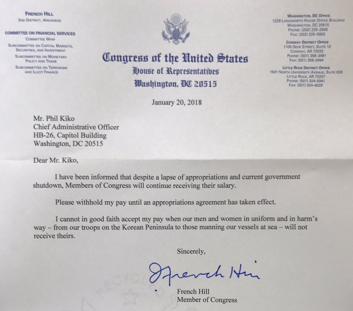 RepFrenchHill's tweet photo. I cannot in good faith accept my pay while our men and women in uniform are not receiving theirs. #schumershutdown https://t.co/FzHfK0aJH5