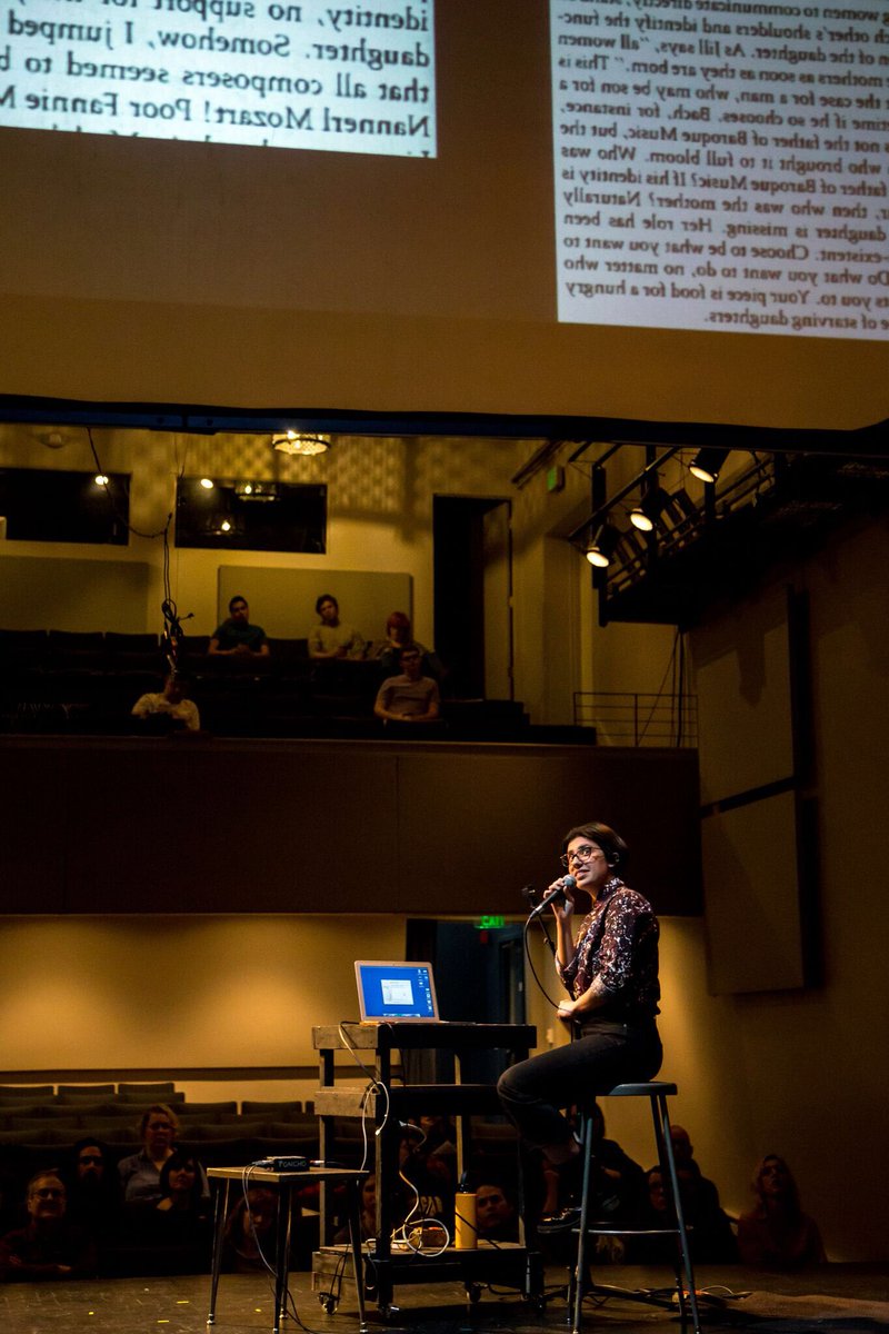 numusnw's tweet photo. Third-year @CornishCollege student Lily Shababi giving the presentation "Why Are Women Composers Stuck Talking about Being Women Composers? An Homage to Pauline Oliveros" 

📷: @myearsareopen 

#numus18 https://t.co/Q1Ozztjhgu