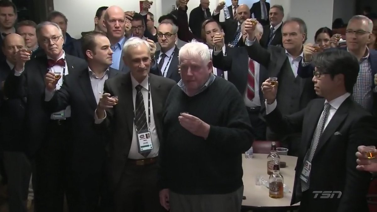 TSNHockey's tweet photo. We usually tag highlights as ‘MUST SEE,’ but we make a special exception tonight from the Bell Centre’s media lounge, where Montreal reporters made a Chivas toast to the late Red Fisher https://t.co/b5L4gjbyr2 (Courtesy: @JohnLuTSNMtl) #RIPRedFisher https://t.co/sVKQwocJKE