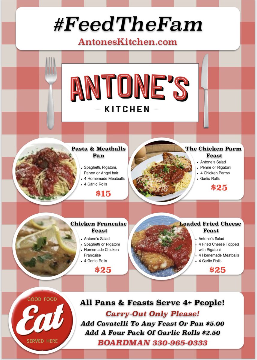 AntonesKitchen's tweet image. Dinner Family Style! 
330-965-0333
AntonesKitchen.com