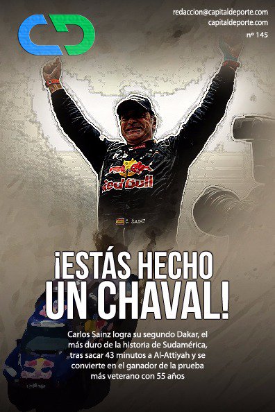 🏆 ¡Esta es nuestra #PortadaCD de hoy! Carlos Sainz logra su segundo Dakar a los 55 años, lo que le convierte en el vencedor con más edad de la dura prueba. ¡Estás hecho un chaval, Carlos!