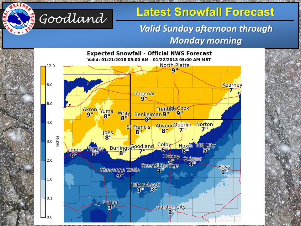 NWSGoodland's tweet image. Map of the latest official forecast total snow amounts for the upcoming winter storm. Probabilities and alternative snow totals are available at weather.gov/gld/winter #kswx #newx #cowx