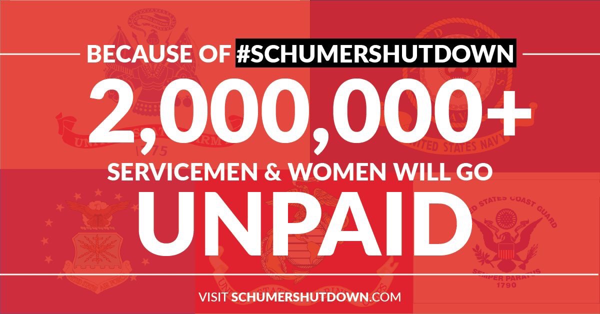 Please share if you agree: it is completely unacceptable to withhold the salary of our military men and women because you want a separate, unrelated DACA deal.

End this now. #SchumerShutdown