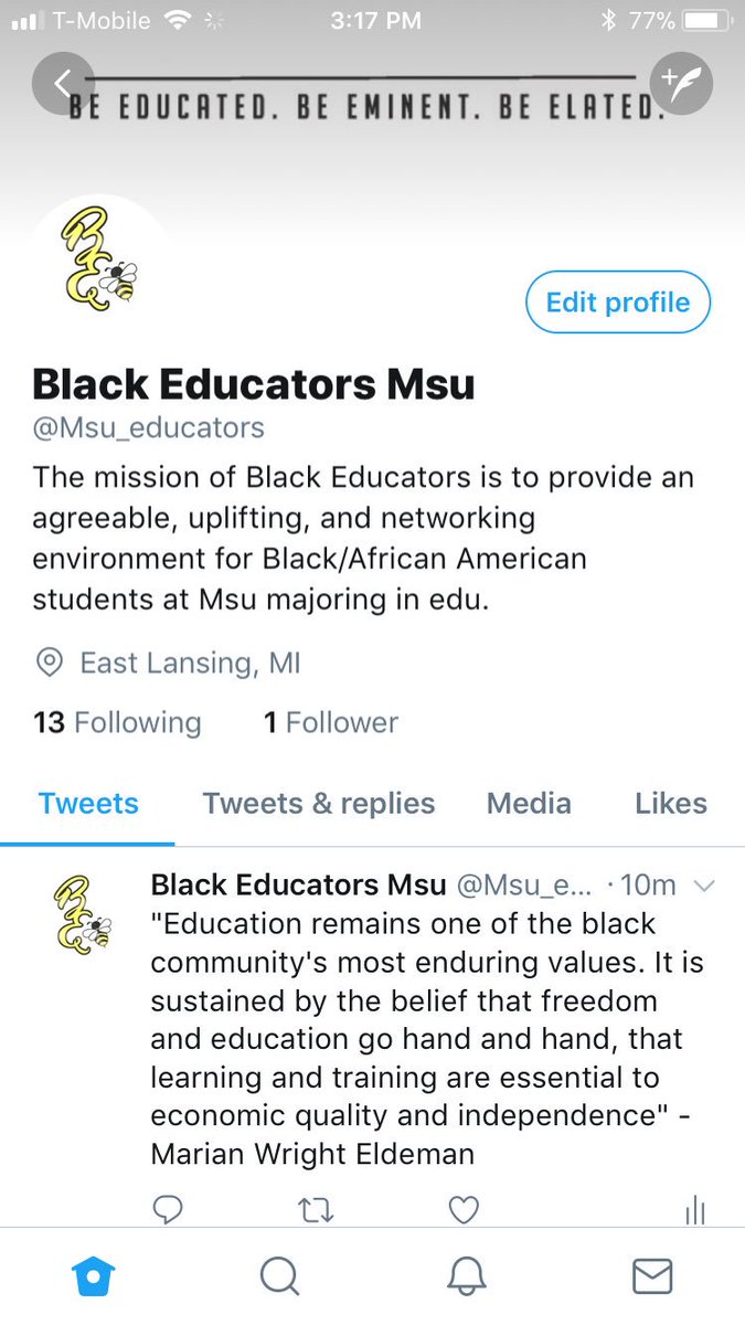 RDeloach_'s tweet photo. HEY SPARTANS! Are you an Education major/Minor and a student of color? We have a new org! Go follow ‘Black Educators’ and learn how to become a member! #MSUAOP @Msu_educators https://t.co/jWDVCViBzI