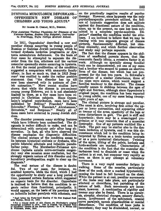 DystoniaNews's tweet photo. The term dystonia was introduced by Oppenheim in 1911 when he described the disorder of young patients of Jewish parentage and named their disease "dystonia musculorum deformans" https://t.co/Vs0TJvHmGG