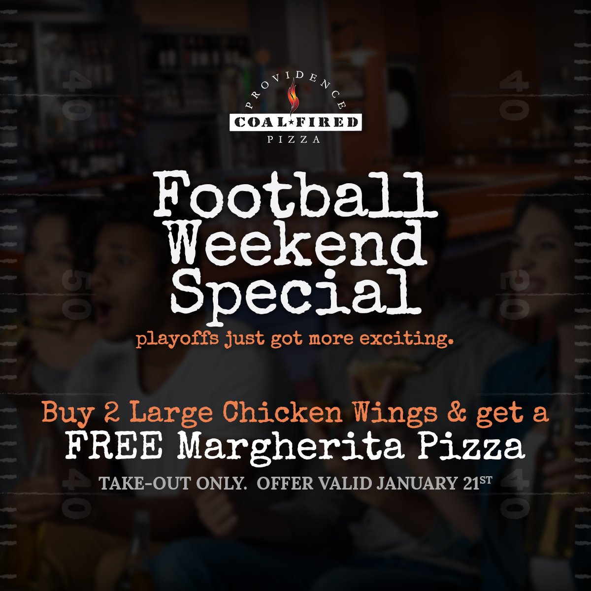 ProvPizza's tweet photo. Tomorrow, take out 2 large orders of #PCFP's famous #CoalFired chicken wings and you'll also receive a FREE margherita pizza!

Watch the NFL's Conference Championships in style. #GoPats! https://t.co/pAs5CtUQCa