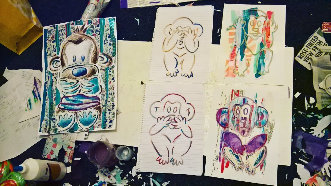 stephduncanart's tweet photo. For those of you who don't know... the #forth monkey is "#DONOEVIL". The last of the monkeys pictured above! Will keep you updated on my progress! #monkey #monkeys #fourwisemonkeys #hearnoevil #seenoevil #speaknoevil #collage #collageartist #personalartist #SaturdayNight https://t.co/hwvR2Wtb8b