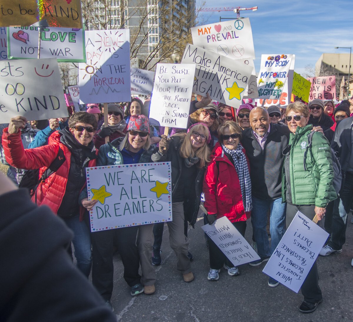 MayorHancock's tweet photo. Reviewing the photos from this morning’s #WomensMarch2018 in #Denver. Thanks to the hundreds of thousands of you who showed up to march for equality. #DenverIsGood https://t.co/3SGlRiONmA