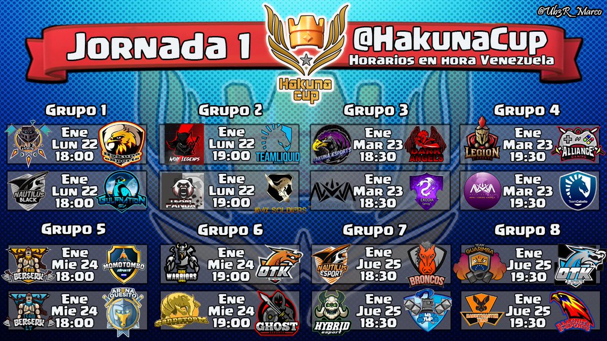 1era Jornada de la #HakunaCup 
Recordamos que los horarios son Venezuela.
Los equipos deben mandar sus roster 1 hora antes del partido a través de discord. Y 30min antes el respectivo árbitro les colocará el Tag del clan al cual deberán asistir.