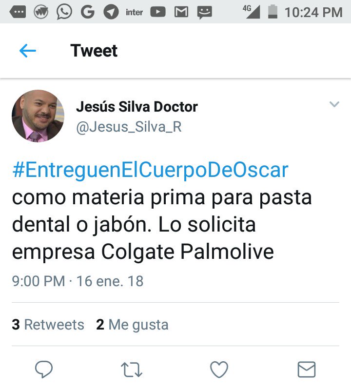LuisTrincado's tweet photo. Este es uno de los tuits que redactó el abogado @Jesus_Silva_R con la etiqueta #EntreguenElCuerpoDeOscarPerez y que dejó en evidencia su talante perverso y nazi. Como lo borró yo reproduzco su "capture" porque está #ProhibidoOlvidar https://t.co/wqkGXOyi4y