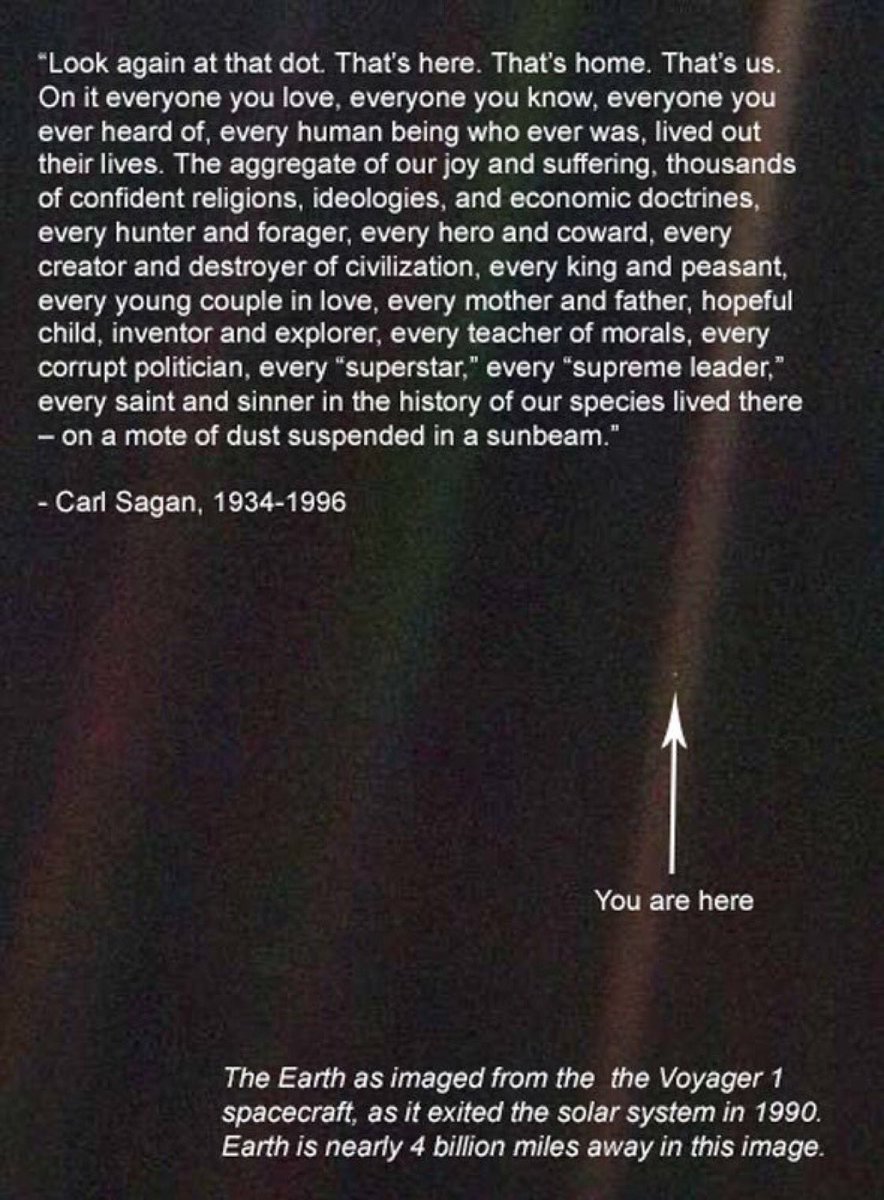 "Look again at that dot. That's here. That's home. That's us.

On it everyone you love, everyone you know, everyone you ever heard of, every human being who ever was, lived out their lives." —Carl Sagan