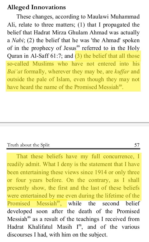 The page numbers are all visible for you to check1st pic: he explains 3 beliefs attributed to him, then admits he agrees with these beliefs. One of those beliefs (#3) is mass takfir. Even those who didn't hear Mirza's name are called kuffar, outside islam!pic #2: more takfir