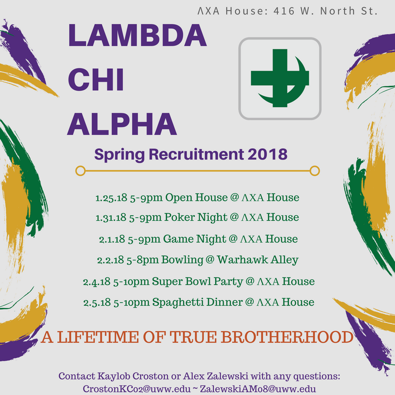 LCAwhitewater's tweet photo. Interested in joining an organization on campus focused on philanthropy, academics, developing your leadership skills, and meeting new people? Greek spring recruitment is about to start! Stop by our events coming up for Lambda Chi Alpha! #LCA #Gogreek https://t.co/eYCxX7gkAs