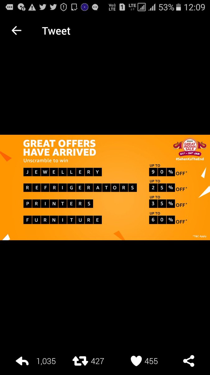 krishna639's tweet photo. @amazonIN Jewellery 90% off 
Refrigerator  25% off
Printers  35% off
Furniture  60% off 
#SehenKaTheEnd
#AmazonGreatIndianSale https://t.co/0DRXD5af98