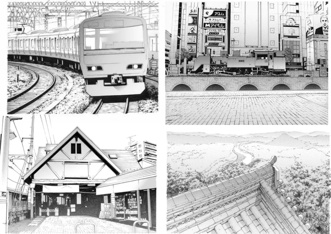 @hokuto_the_9 背景素材としては４枚とも使い易く、由妃さんの描き方で何も問題はないと思います。ただ、こうしてごくコントラストの強い白黒でのみ描く分には特にアラは出辛いのですが、もう少しグレーを足して空間を出そうとした時… 