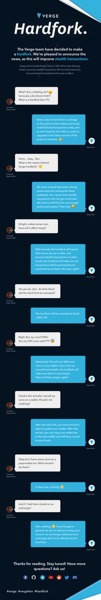 vergecurrency's tweet image. To make sure that all stealth transactions will run smoothly, Verge will hard fork at block 1,824,150. Here are some of the questions answered that we know people would have with the #hardfork: github.com/vergecurrency/…  #Verge #xvg #VergeFam
