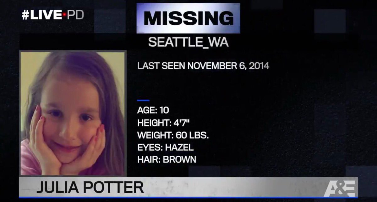 OfficerMorton's tweet photo. #LivePDNation please RT and help us find Julia Potter. The first photo is her information from the time she went missing and the second photo is an aged progressed photo and the phono number for anyone with information. #LivePD https://t.co/ersITMKkXl