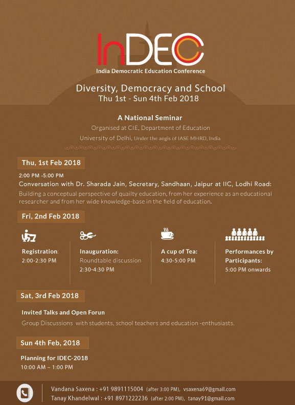 indeconf's tweet photo. Chalo Dilli!

InDEC is happening in University of Delhi from 1-4th February.

Come, meet, share and learn how others are incorporating Democratic Education.

@Meetasengupta @prem_k @learning_pt @amiya_rbehera @Mona_Lisa_Das https://t.co/G9ckAhqT3o