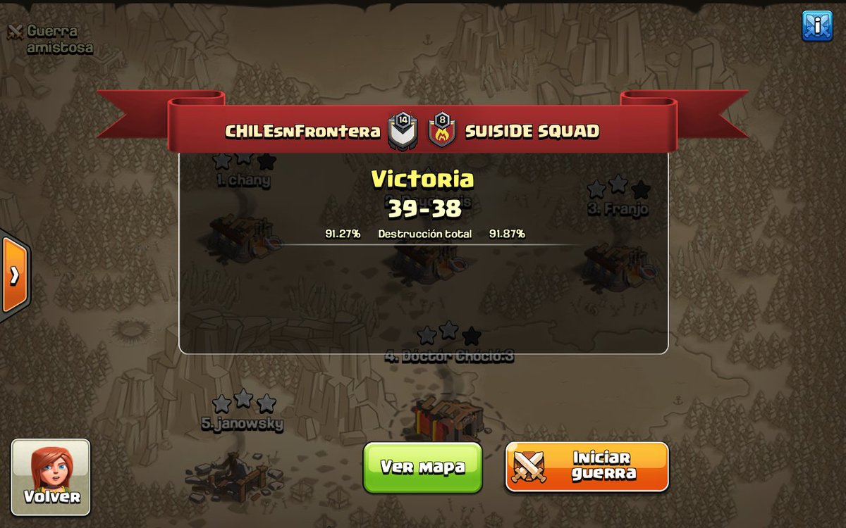Exelente guerra amigos @Suisidesquad1 , esperamos que pronto haya otra más... Preparándonos para la <a href="/LHGCOC/">LHG</a>  , gran victoria #GoCsf <a href="/Selec_ChileCOC/">SeleccionChileCOC</a> .