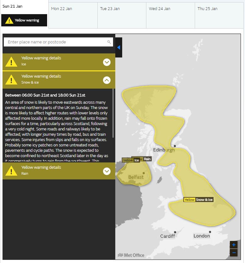 metoffice's tweet photo. A yellow severe weather warning for #snow and #ice has been updated: https://t.co/QwDLMfRBfs Stay #weatheraware @metofficeuk https://t.co/sKTW4gDkSq