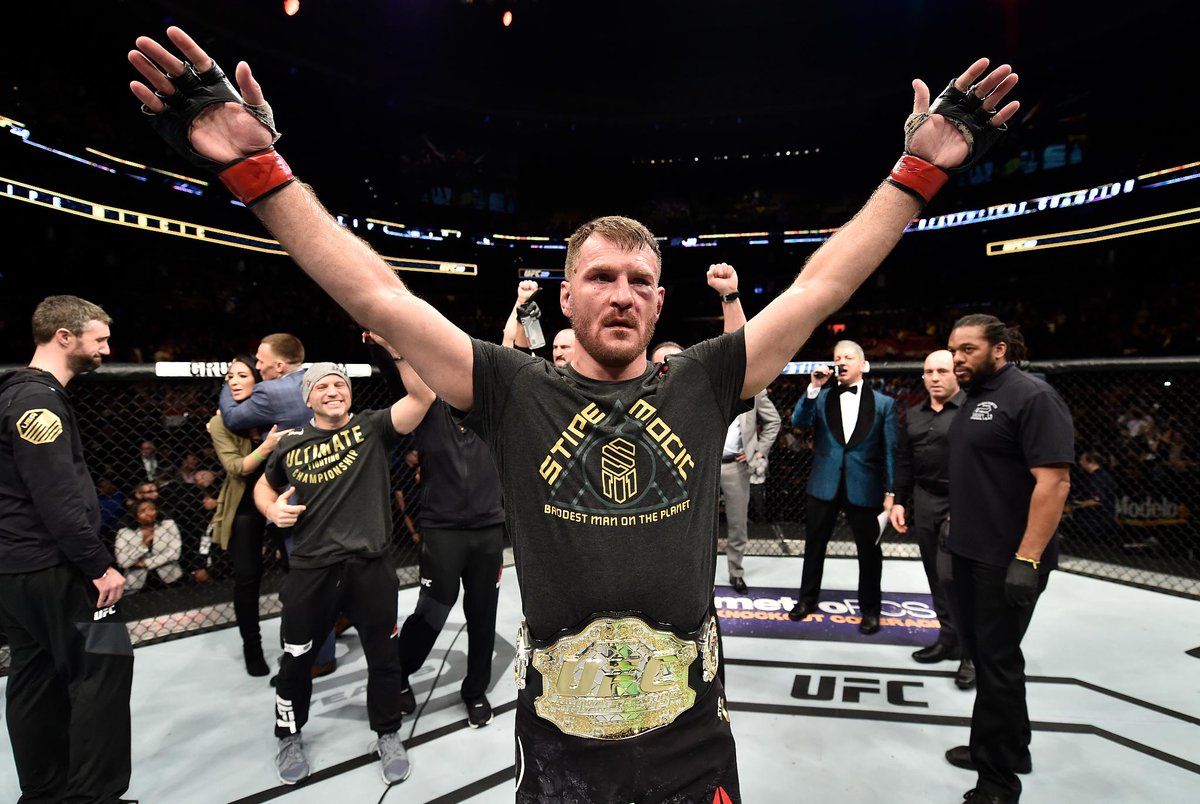 SportsCenter's tweet photo. Stipe Miocic defeated Francis Ngannou by unanimous decision, becoming the first fighter with 3 successful defenses of the UFC Heavyweight title. https://t.co/Qtutv3qYy2