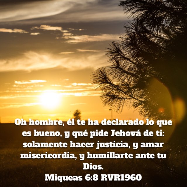 MAXCOMSA's tweet image. “Oh hombre, él te ha declarado lo que es bueno, y qué pide Jehová de ti: solamente hacer justicia, y amar misericordia, y humillarte ante tu Dios.”
Miqueas 6:8 RVR1960
 bible.com/149/mic.6.8.rv…