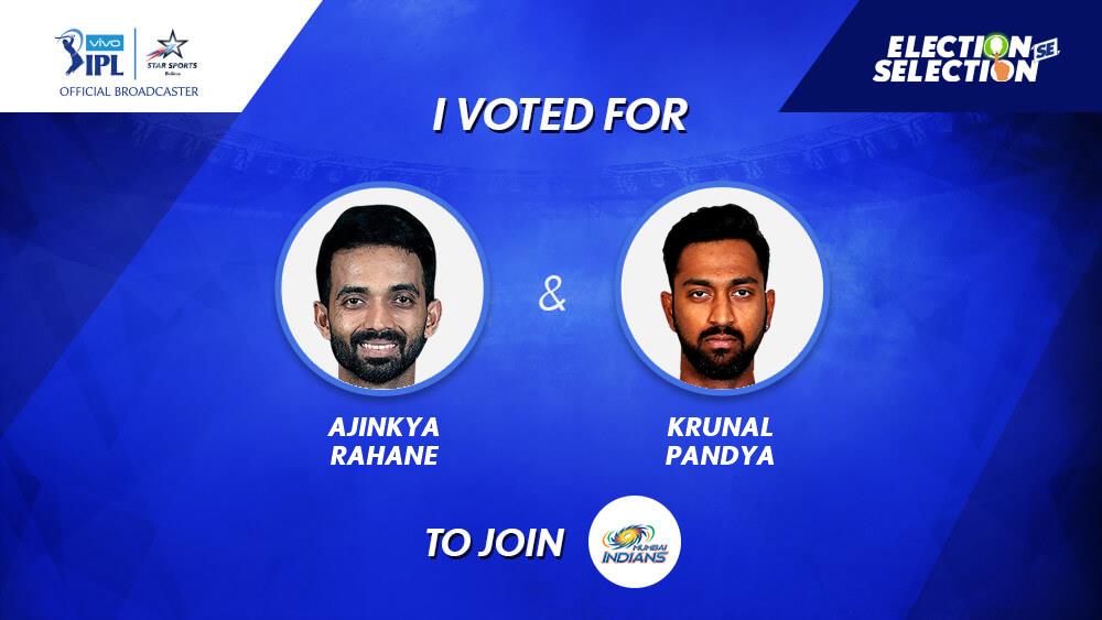 bodhrup's tweet photo. Election se ho raha hai Selection, and I've picked Ajinkya Rahane &amp; Krunal Pandya for MI. Cast your votes now: https://t.co/aMWXU6GbW0 #ElectionSeSelection https://t.co/N1ISHYS1kg