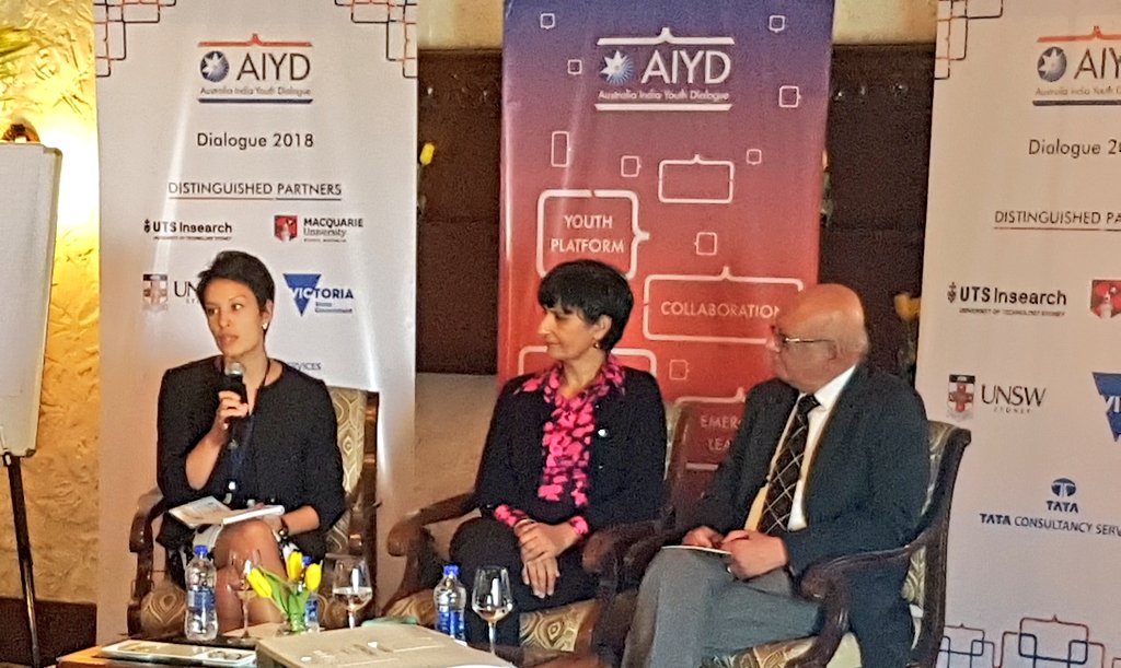 AIYouthDialogue's tweet photo. @DRajendram explores the dynamics of Australia India relationship in 2018 with @AusHCIndia and @amit_adg. Some great comments and questions from our delegates. #AIYD18 https://t.co/xFhX1Igzj1