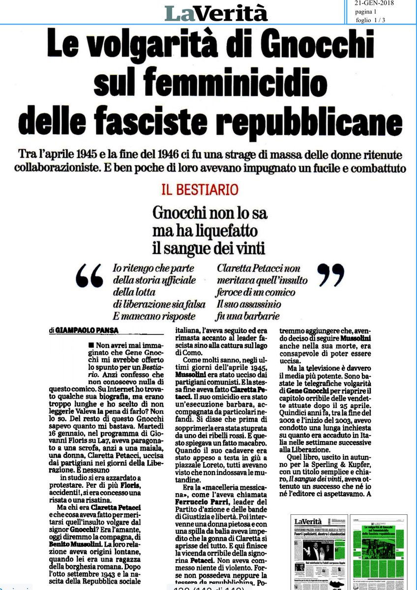 Stefano Cetica Giampaolo Pansa Torna Sulle Volgari E Vergognose Frasi Pronunciate Da Gnocchi A Dimartedi Su Claretta Petacci E Ricorda Il Numero Impressionante Di Donne Assassinate Dai Partigiani Parlando Di