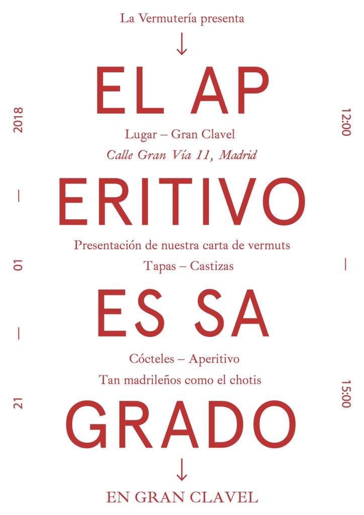 vermuteriapopup's tweet photo. Hoy a las 12 el aperitivo es sagrado en Gran Clavel, Gran Via 11. 8 vermuts, 4 cócteles aperitivo y tapas castizas. Nos vemos!!! https://t.co/zbyh0HtnEL
