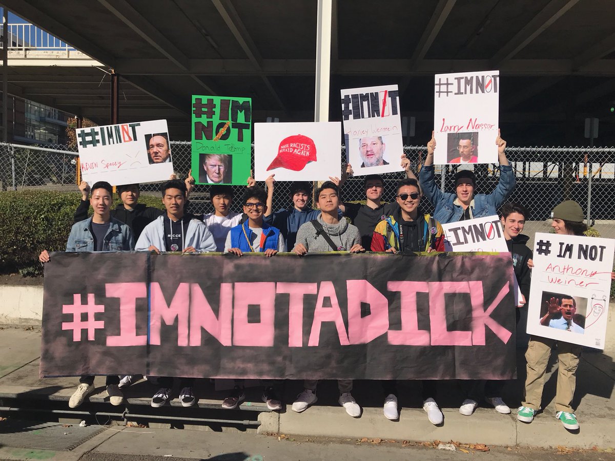 chretien_li's tweet photo. Having protest flashbacks. Men as a whole can and should be better, it was great to see so many people support our movement. Here's to pledging to not be a dick and to better role models. #imnot #imnotadick https://t.co/10OK9xQzc8
