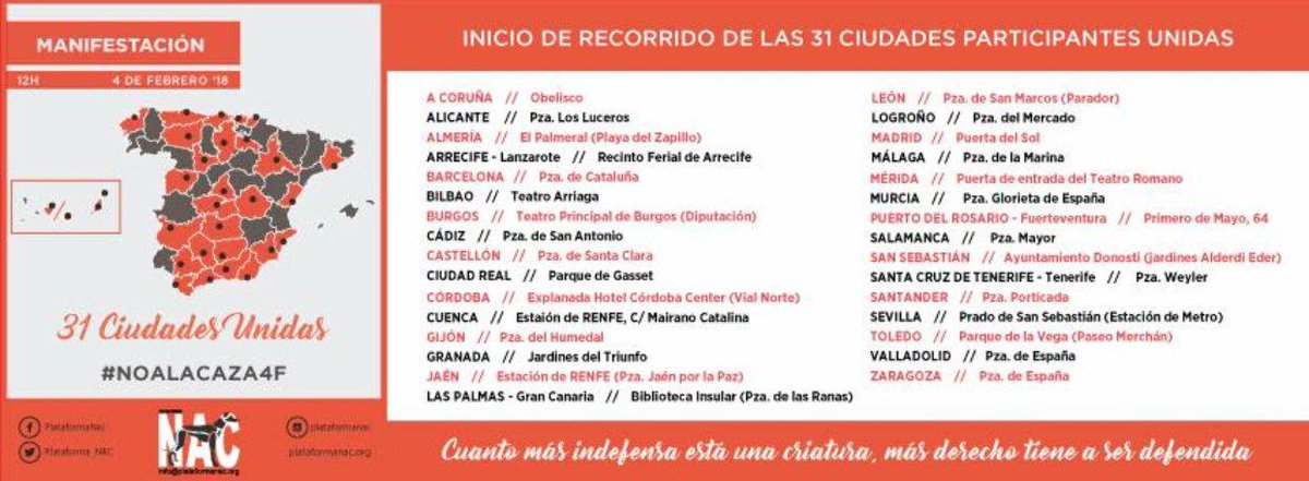 El Domingo 4 de Febrero nos vemos en los Jardines de Triunfo a las 12 para decir NO a la caza. 31 ciudades unidas contra la barbarie con <a href="/plataforma_NAC/">Plataforma NAC #NoALaCaza</a>
#NOALACAZA4F