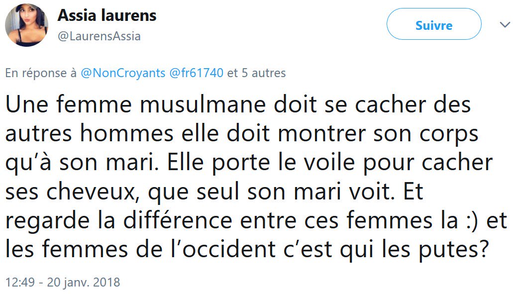 Femisme_Laicite's tweet photo. Pour défendre la pub @Loreal qui met en scène une femme voilée pour vendre un shampoing, cette personne a résumé en un tweet tout ce que j'ai démontré sur le #voile en 3 articles. Bravo à elle. Les "putes" occidentales (et les musulmanes non voilées) apprécieront. "Merci" L'Oréal https://t.co/yoscTQGUWL