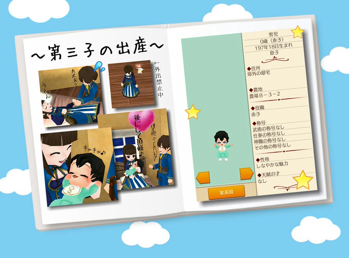 月 エルネア メリンダ国 エルネア王国 まったり日記 Ver 14 他ゲームのクラブイベとリアが忙しかった為 久々のエルネア ๓ ๓ 始めたら直ぐに 第三子の出産でびっくり 男の子だったので 名前は エンジュ です ๑ ㅂ و 名前を