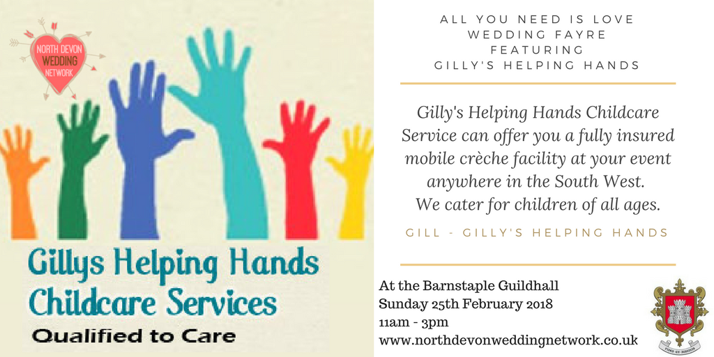 NDWedNetwork's tweet photo. #NDWN @BarumTC Barnstaple Guildhall's "All You Need Is Love" Wedding Fayre! Sunday 25th February 11am-3pm See amazing local suppliers from @NDWedNetwork including @GillysHelpingHands More> https://t.co/Tby8D5B9Mi
#devonbride #mobilecreche #weddingchildcare https://t.co/zj0sON1cvl
