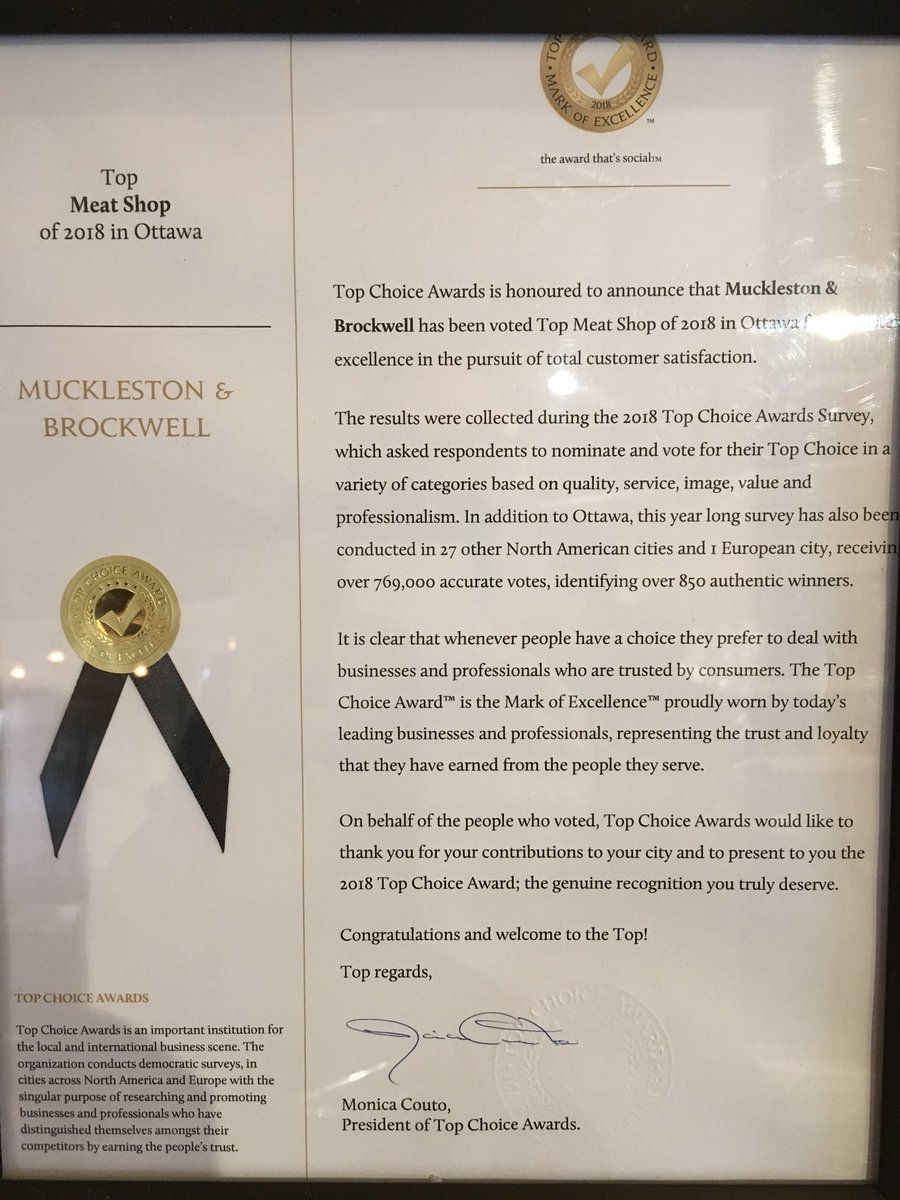 Congrats <a href="/mucklestonmeat/">Muckleston & Brockwell - A Fine Butchery</a> on your <a href="/TopChoiceAwards/">Top Choice Awards</a> for best meat shop in #ottcity ! Good stuff, good service!