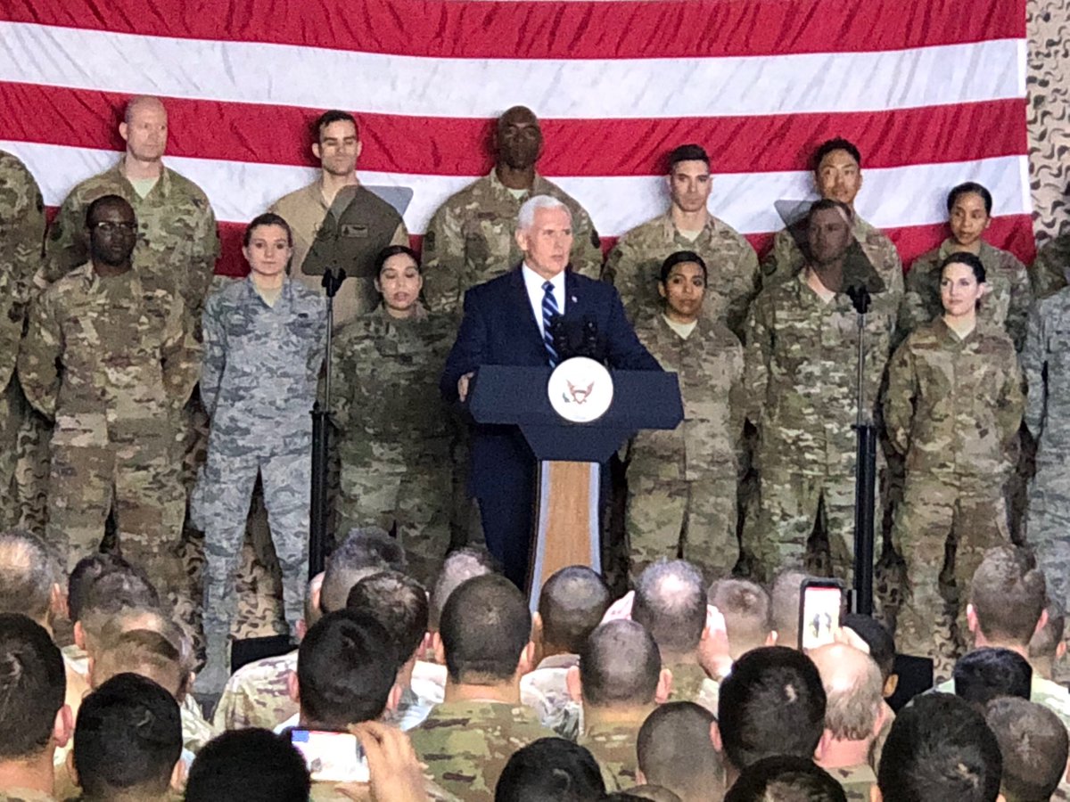BillKristol's tweet image. Depressing. The Vice President, visiting American troops abroad, uses them as props for a partisan political message.