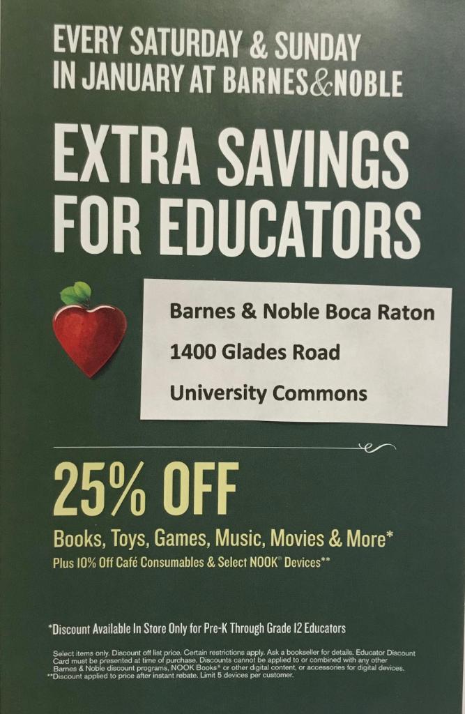 BNBocaRaton's tweet photo. Attention Educators! Every weekend of January come into our stores in order to take advantage of our Extra Educator Savings! Get 25% off most items in-store as well as save an extra 10% at the cafe! #EducatorWeekend #Teachers #BNBuzz https://t.co/W49fRgpfKs