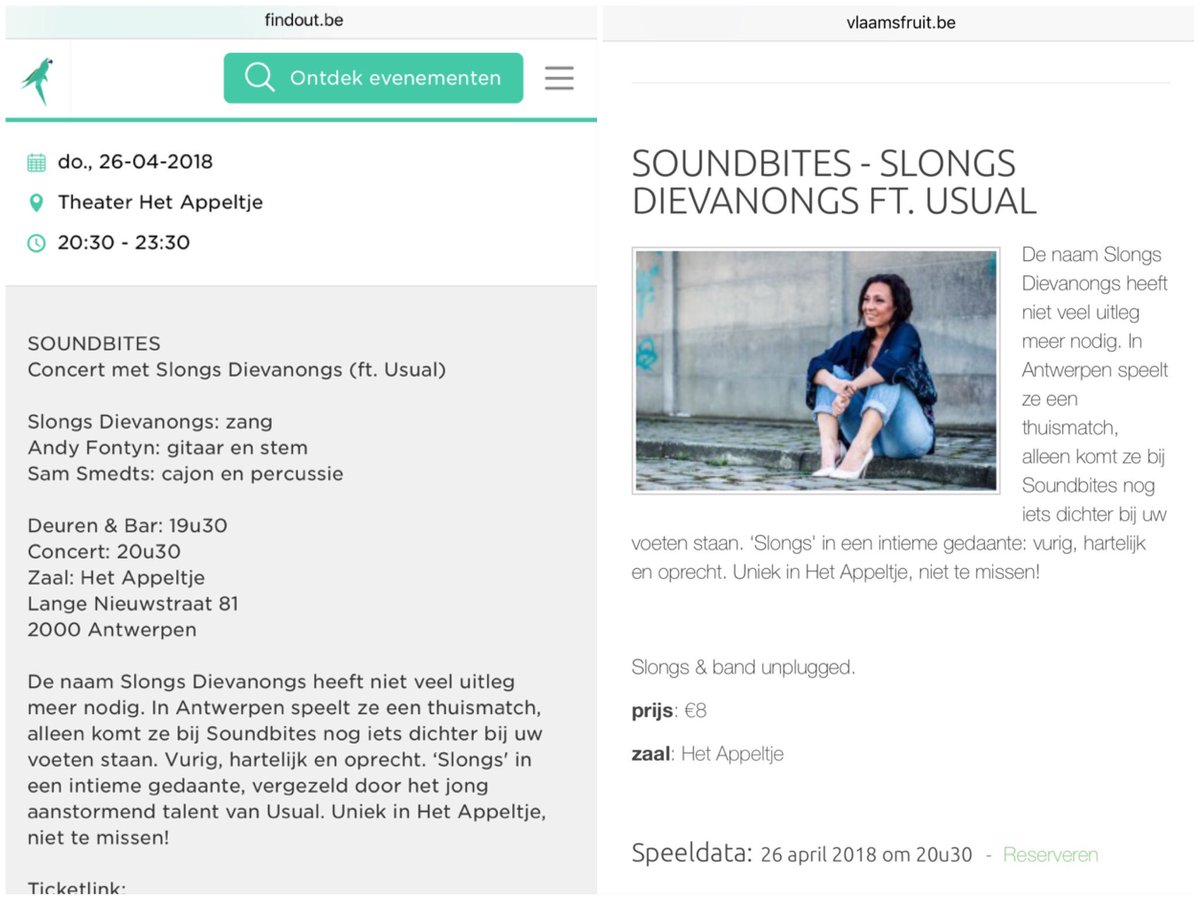 Dievanongs_News's tweet photo. Donderdag 26 april 2018 geeft @dievanongs ft. @usualofficial een gig in 'Theater Het Appeltje' Antwerpen. Bestel snel jou tickets via: https://t.co/Zd3txfQNNV
Uur: 20u30 tot 23u30 
Inkom: ticket kost 10 euro + 1 euro reservatiekost
Locatie: Theater Het Appeltje Antwerpen https://t.co/26TFF043it