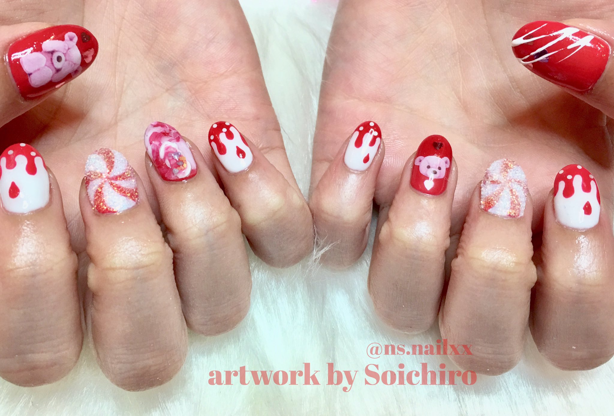 Soichiro Nagamine 痛ネイル お客様ネイル バレンタイン仕様で 赤と白 去年に引き続きくまごろうも入れて かわいく仕上げました 恵比寿ネイルサロン 恵比寿 ネイル ジェルネイル バレンタイン バレンタインネイル
