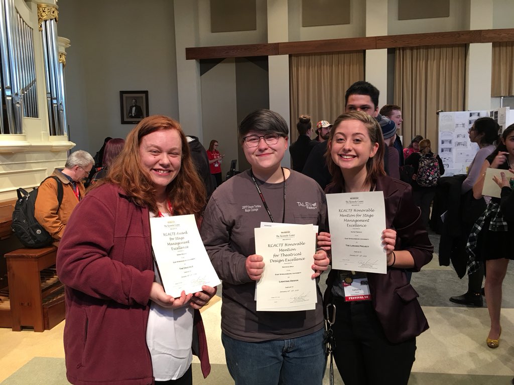 bestinthearts's tweet photo. Congratulations to this trio for their awards in Stage Management and Lighting Design at #KCACTF2. A banner year for #WomeninTheatre! You make us very proud!!@PresidentWelsh #ESUTheatreDept #ESUWhereWarriorsCreate #ESUWhereWarriorsBelong https://t.co/0HCGSCQqp1