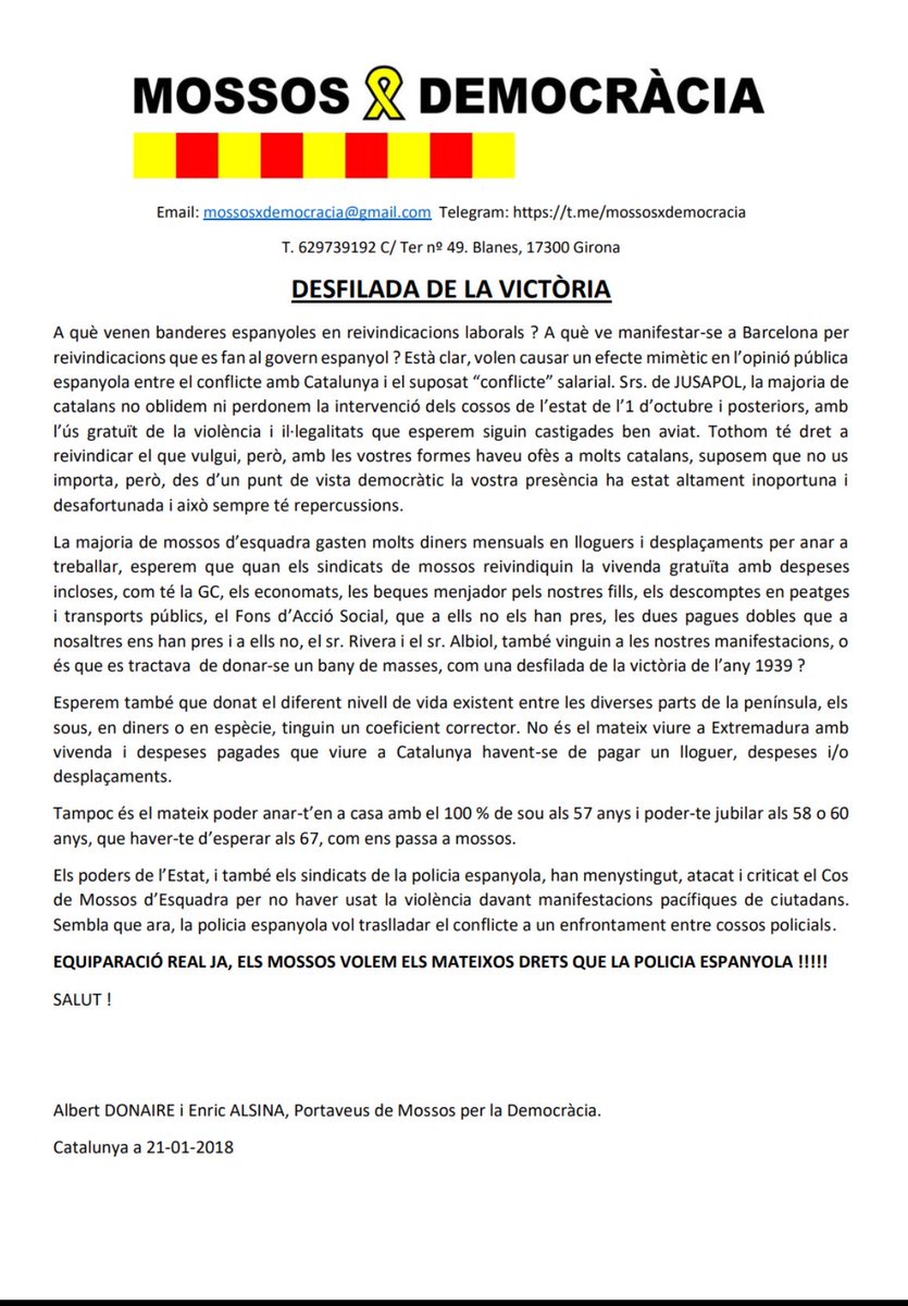 albertdmcat's tweet photo. Tingueu clara una cosa: ahir a Barcelona no reclamaven igualtat els policies. Va passar a ser secundari quan es van manifestar al costat de la ultradreta i dels mateixos als quals demanen aquesta equiparació. Quin sentit tenia @Albiol_XG desfilant amb ells? https://t.co/am6AHUP79g
