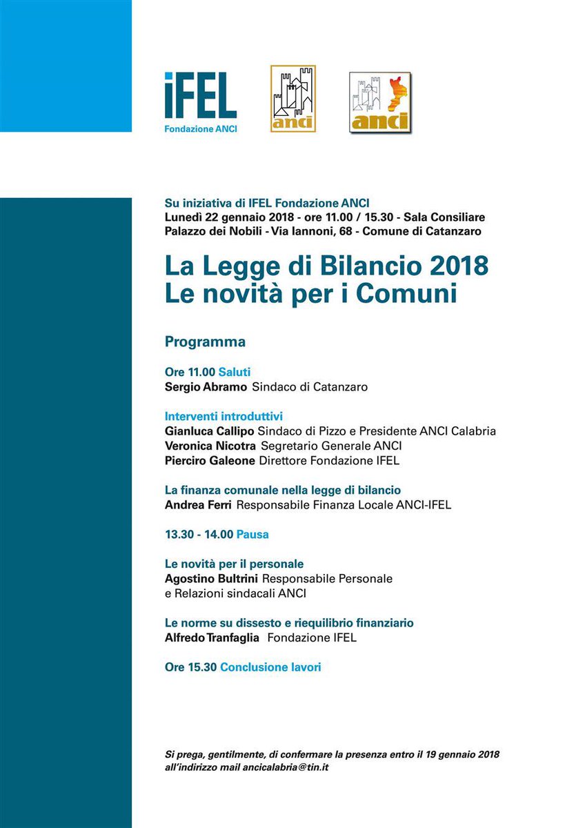 Lunedì 22 gennaio, a Catanzaro, <a href="/comuni_anci/">comuni_anci</a> #AnciCalabria e <a href="/FondazioneIFEL/">IFEL Fondazione ANCI</a> illustreranno ai sindaci le opportunità per i #Comuni contenute nella Legge di Bilancio 2018. Raccogliamo i frutti del lavoro fatto da <a href="/comuni_anci/">comuni_anci</a> in sede di stesura della nuova manovra